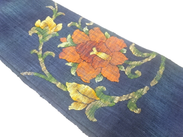 手織り真綿紬花唐草模様織出し名古屋帯